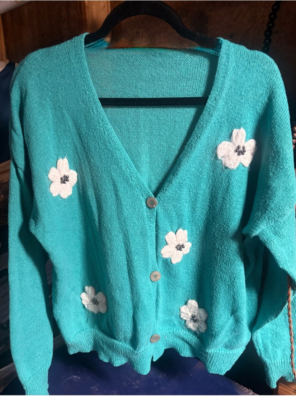 Teal Floral Button-Front Women's Sweater Cardigan large